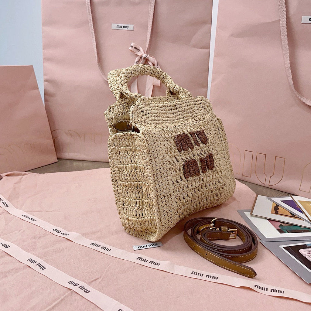 Miu Miu Tote Woven Bag Beige mix Brown Raffia