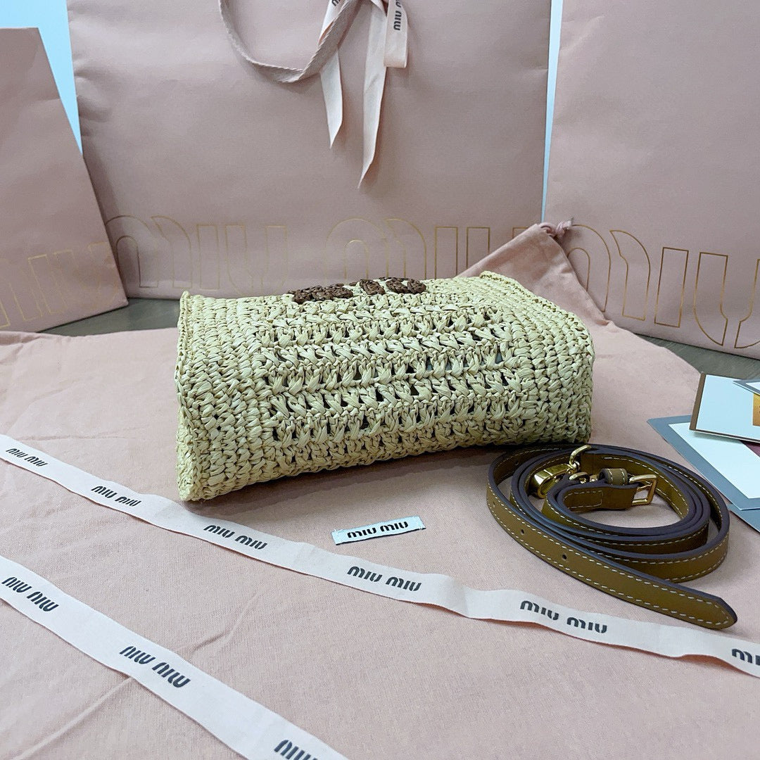Miu Miu Tote Woven Bag Beige mix Brown Raffia