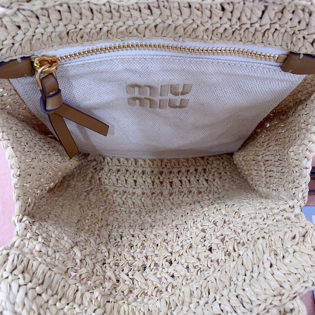 Miu Miu Tote Woven Bag Beige mix Brown Raffia