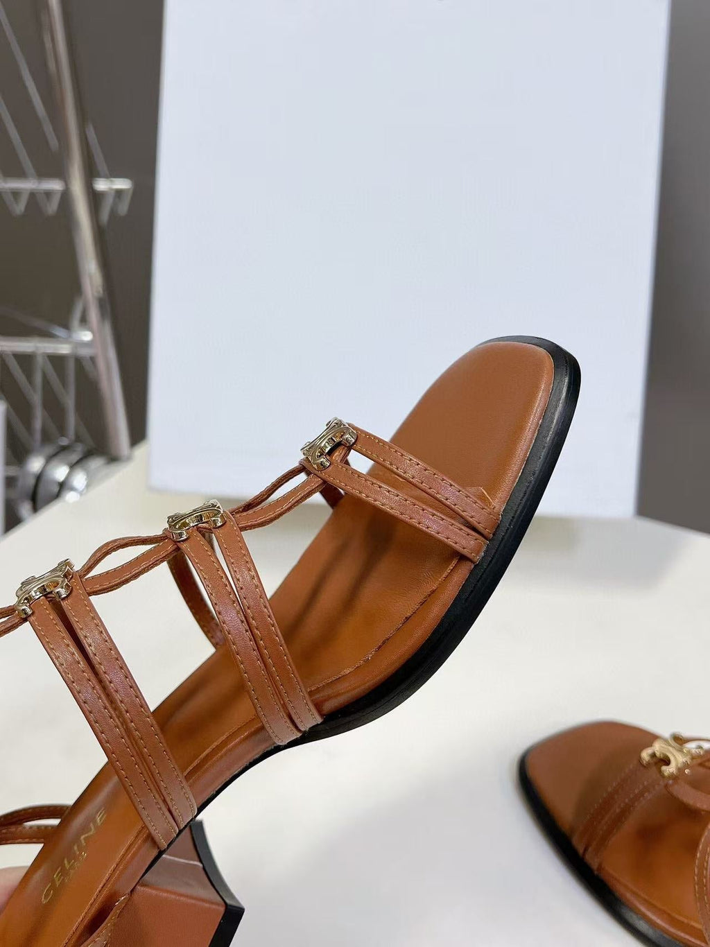 CL Clemence Triomphe Multi Sandal Light Gold Logo In Brown Calfskin