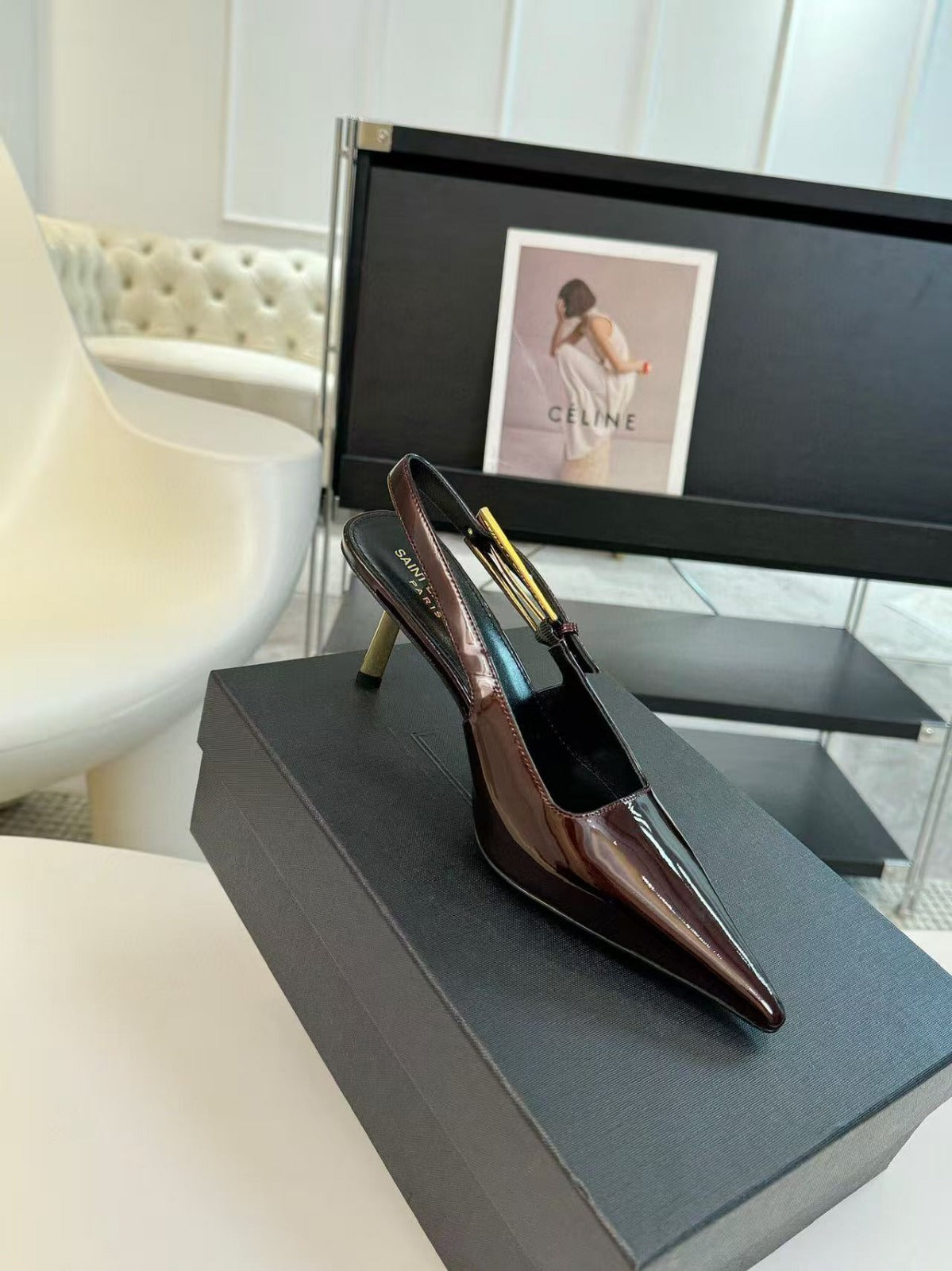 YSL Pointed Toe Slingback 75mm Burgundy Patent Calfskin