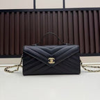 CC Large Flap Bag With Handles Black Goat Leather