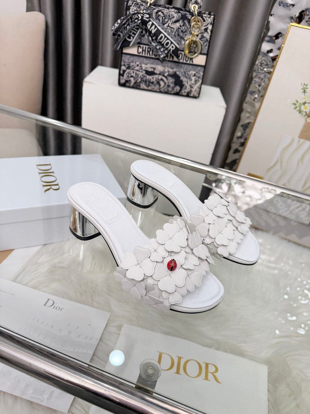 CD 26s Floral High Heel Slippers 60   Leather 684629