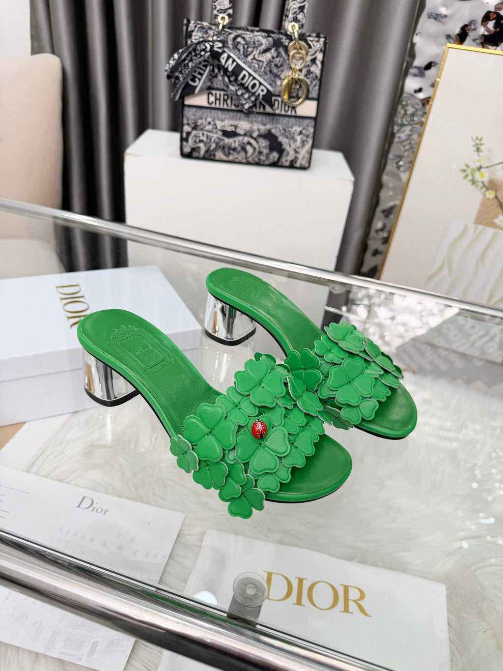 CD 26s Floral High Heel Slippers 60   Leather 684629