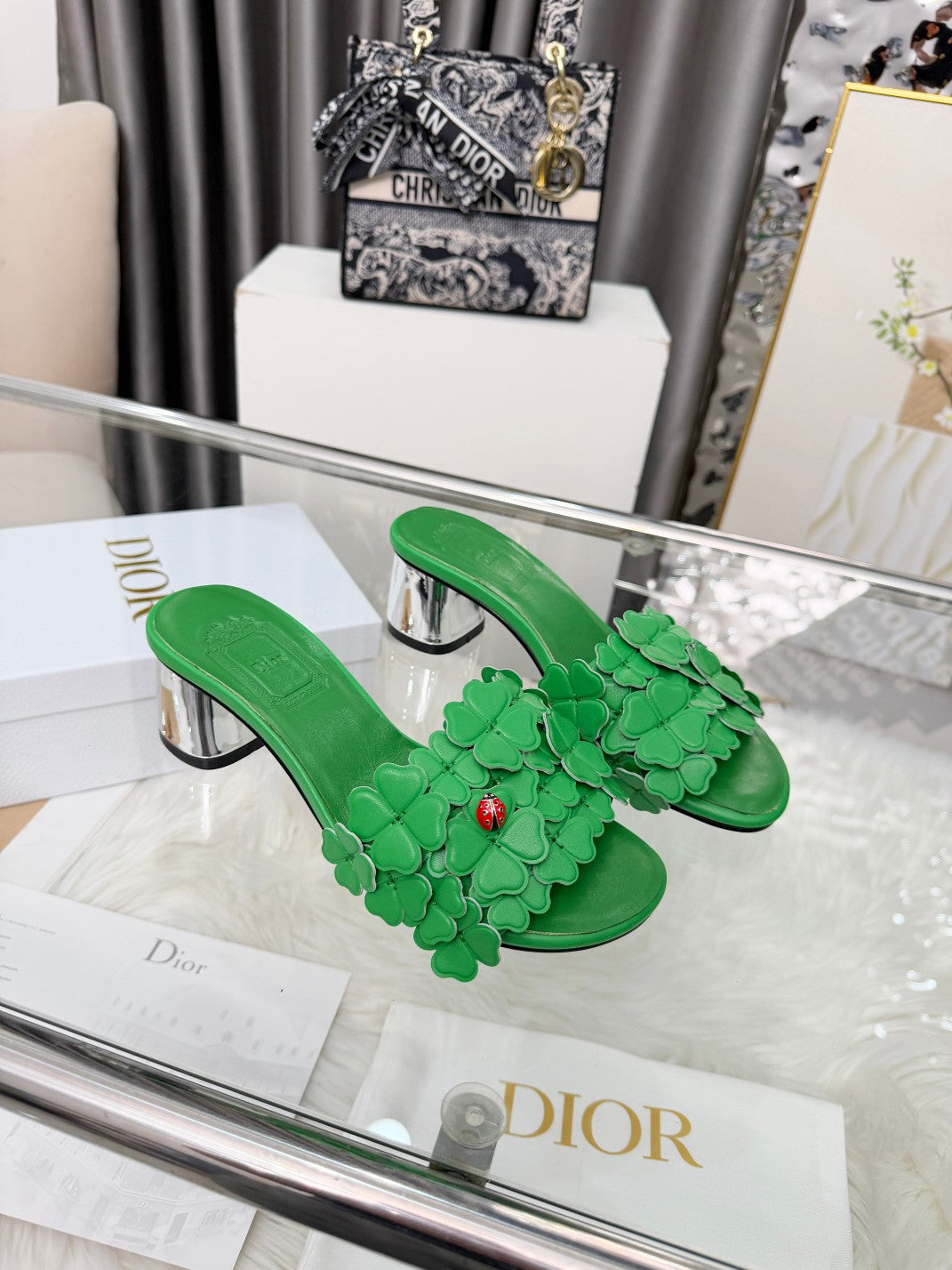 CD 26s Floral High Heel Slippers 60   Leather 684629