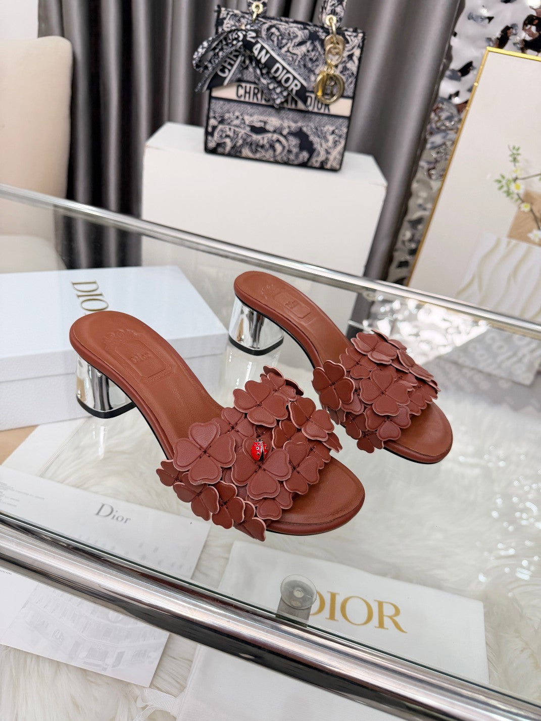 CD 26s Floral High Heel Slippers 60   Leather 684629
