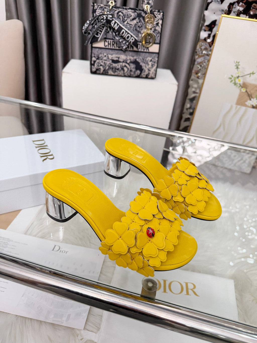 CD 26s Floral High Heel Slippers 60   Leather 684629