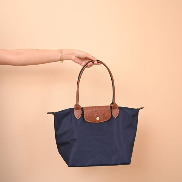 Longchamp Small Le Pliage Tote Bag Brown Navy Blue Polyamide Leather