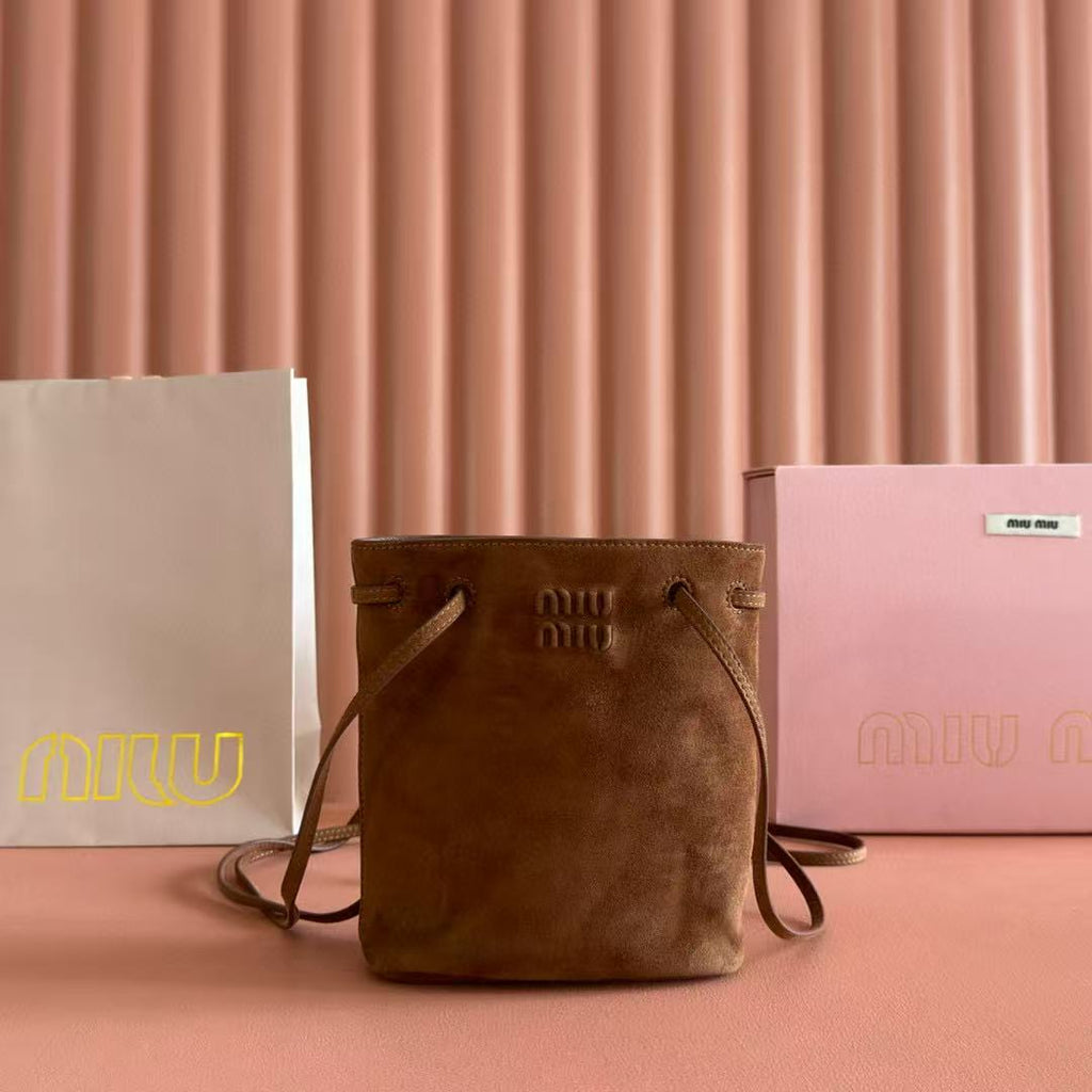 Miu Bucket Bag 14cm Brown Suede