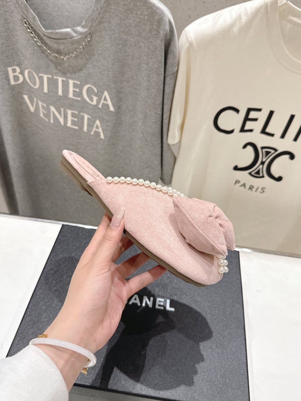 Chanel 2026 Pearl Bow Flat Slipper Suede Sheepskin 713038