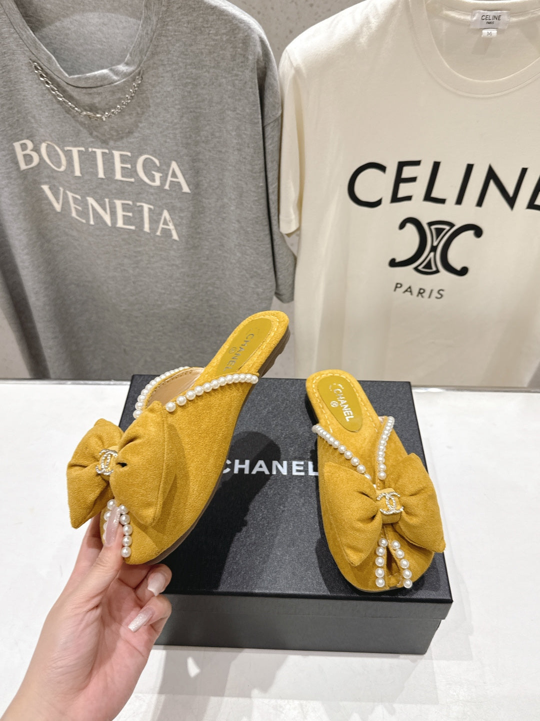 Chanel 2026 Pearl Bow Flat Slipper Suede Sheepskin 713038