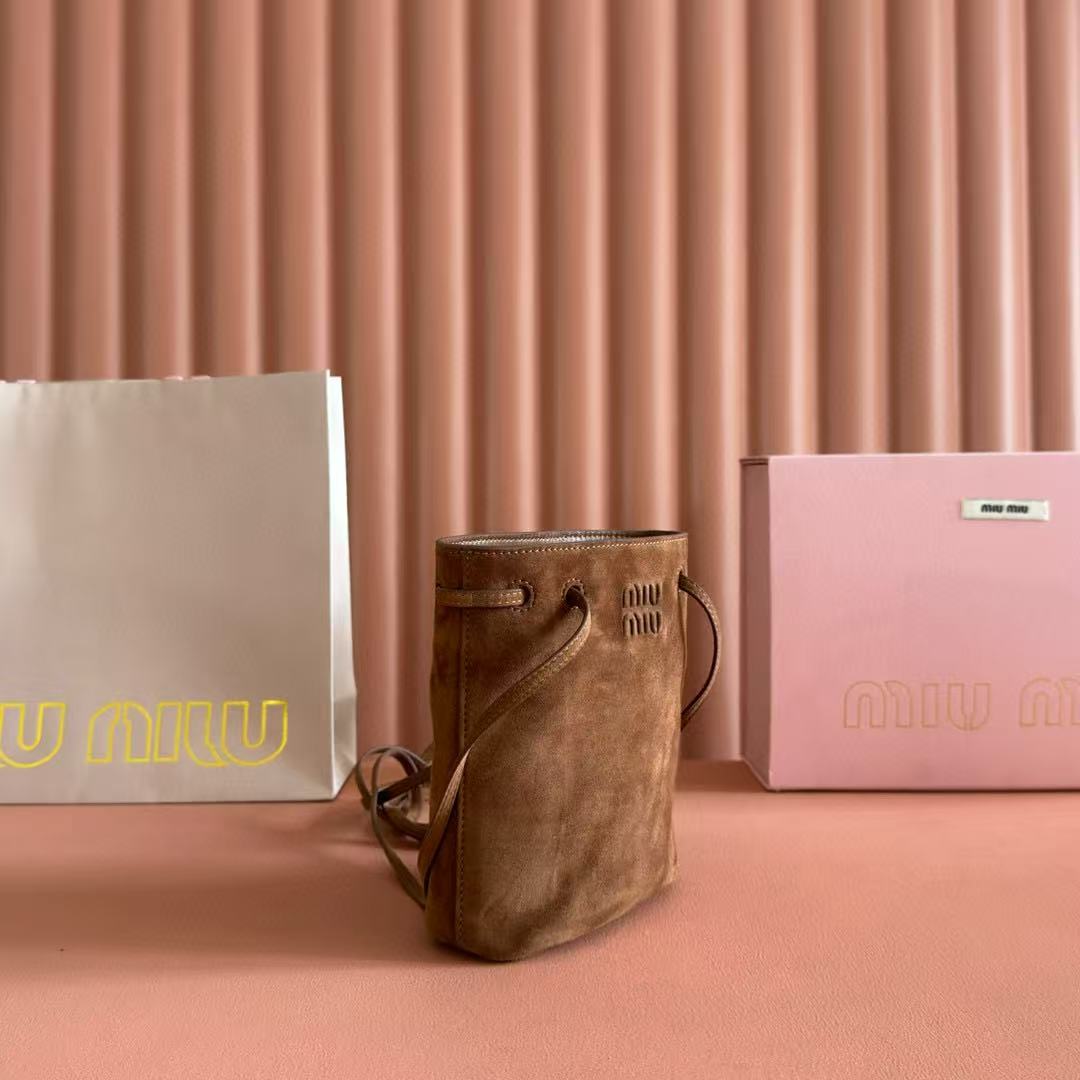 Miu Bucket Bag 14cm Brown Suede