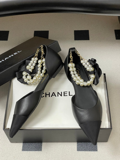 CC 26 Flat Slingback With Pearl Ankle Strap Lambskin Fabric