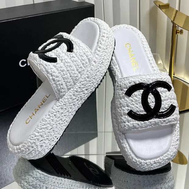 CC 2026 Crochet CC Platform Slide Sandals 40mm Raffia Leather 767882