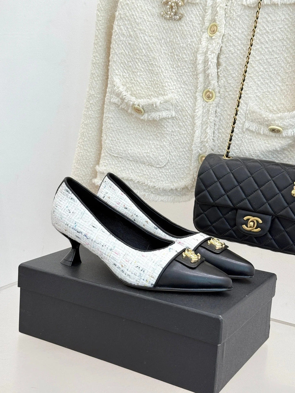 CC 2026 Heel Pump 55 Tweed Sheepskin Double C Logo