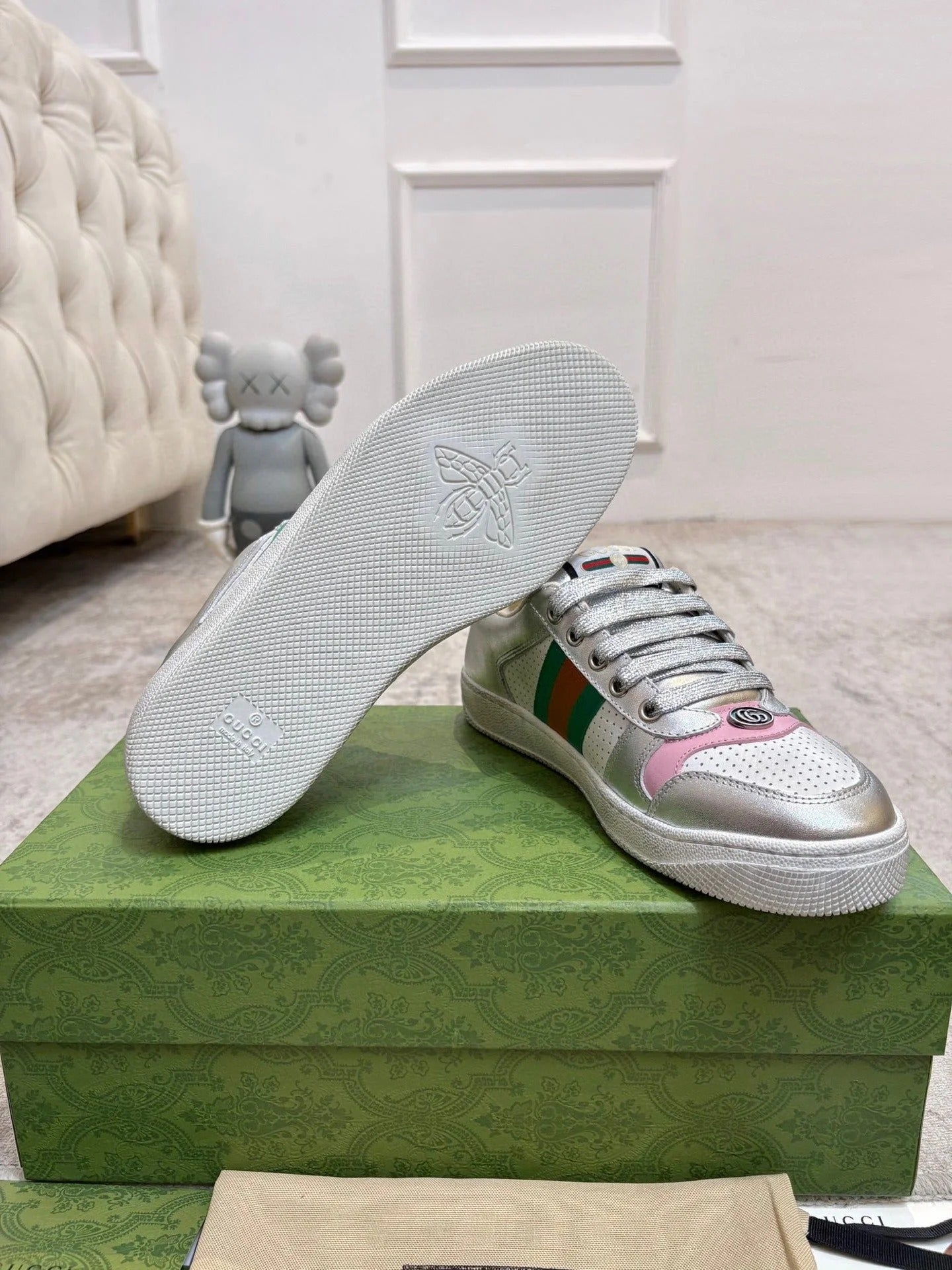 GG 26ss Screener Sneaker Sliver Pink Metallic Cowhide 697185