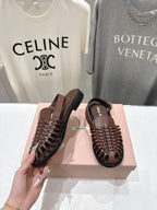 Miumiu 26ss Flat Sandals Brown Woven Cowhide 713122