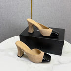 Chanel 2026 Double C Square-toe Sandal 70mm Beige Black Suede Leather 619768