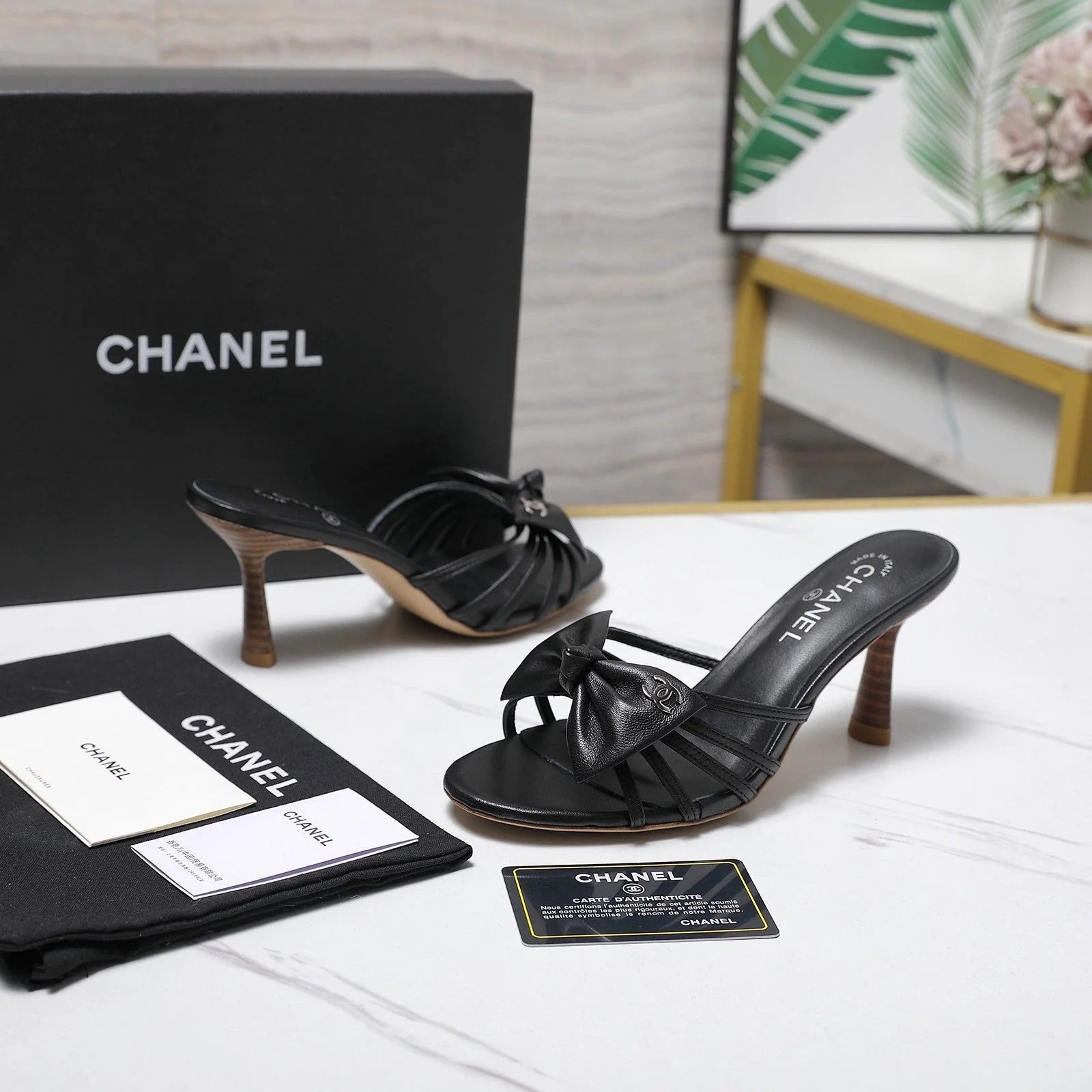 CC 2026 High-heeled Sandals With Delicate Bow 80mm Black Cowhide 758430