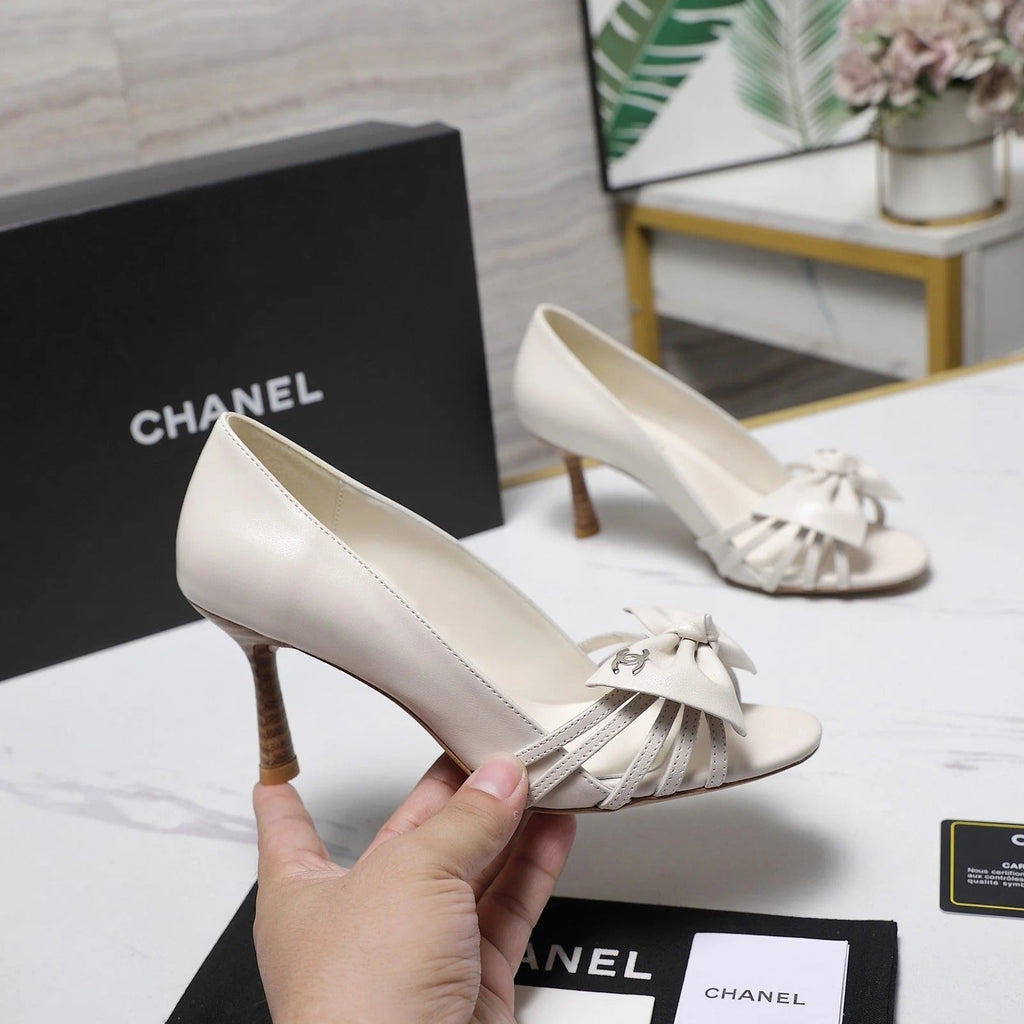 CC 2026 Bow Strappy High-Heeled Peep Toe Sandals White Cowhide 758431