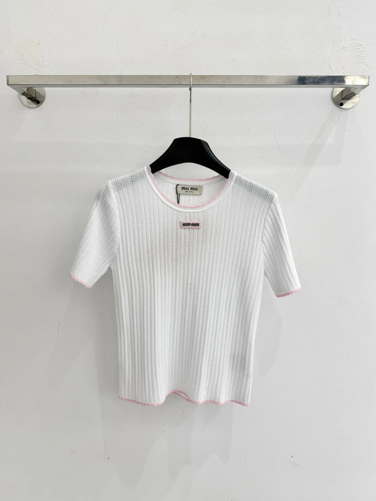 Miumiu 2026 Pink-trimmed Knit Short-sleeved Top Tencel Nylon 179459