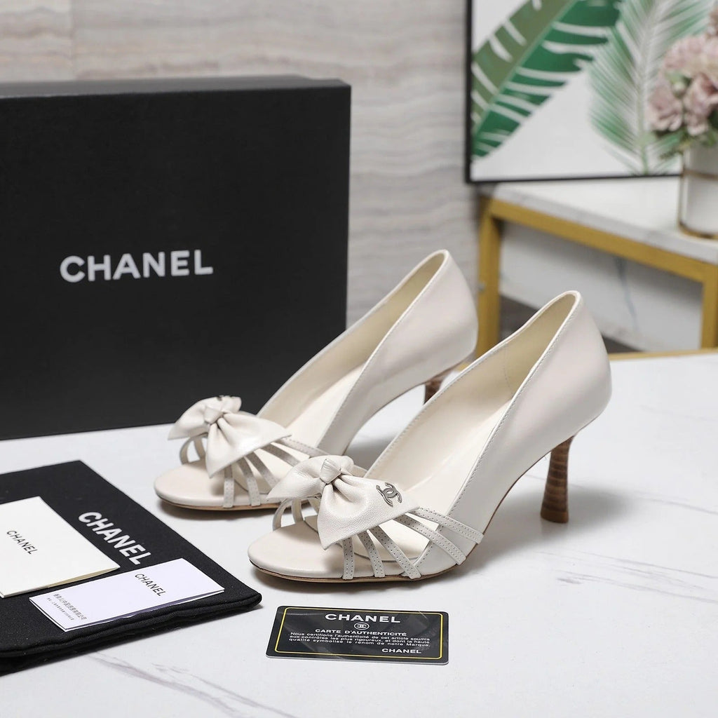 CC 2026 Bow Strappy High-Heeled Peep Toe Sandals White Cowhide 758431