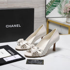 CC 2026 Bow Strappy High-Heeled Peep Toe Sandals White Cowhide 758431