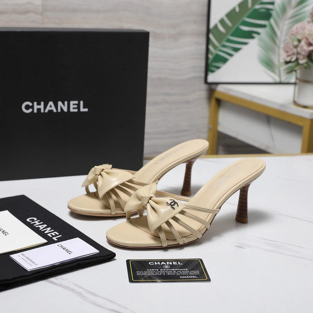 CC 2026 High-heeled Sandals With Delicate Bow 80mm Beige Cowhide 758428