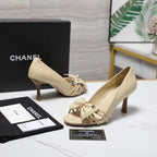 CC 2026 Bow Strappy High-Heeled Peep Toe Sandals Beige Cowhide 758432