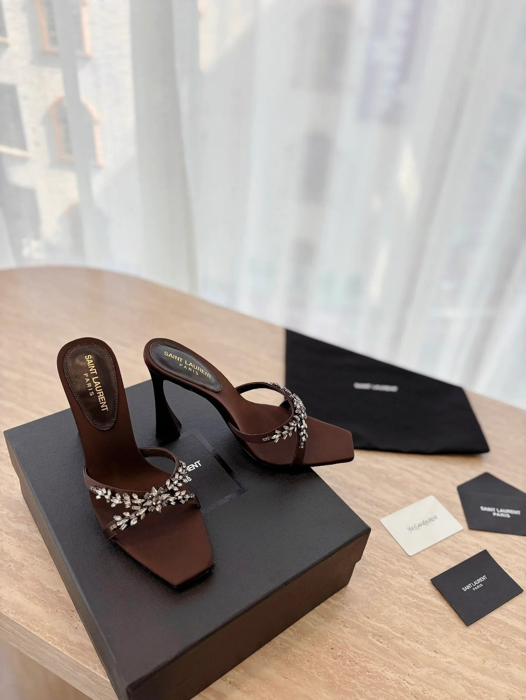 Saint Laurent 2025 Liz 110mm Sandal Brown Satin With Crystal Embellishments