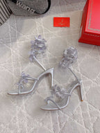 RC 2025 Margot High Heeled Sandal With Floral Embellishment Silver Leather 898021