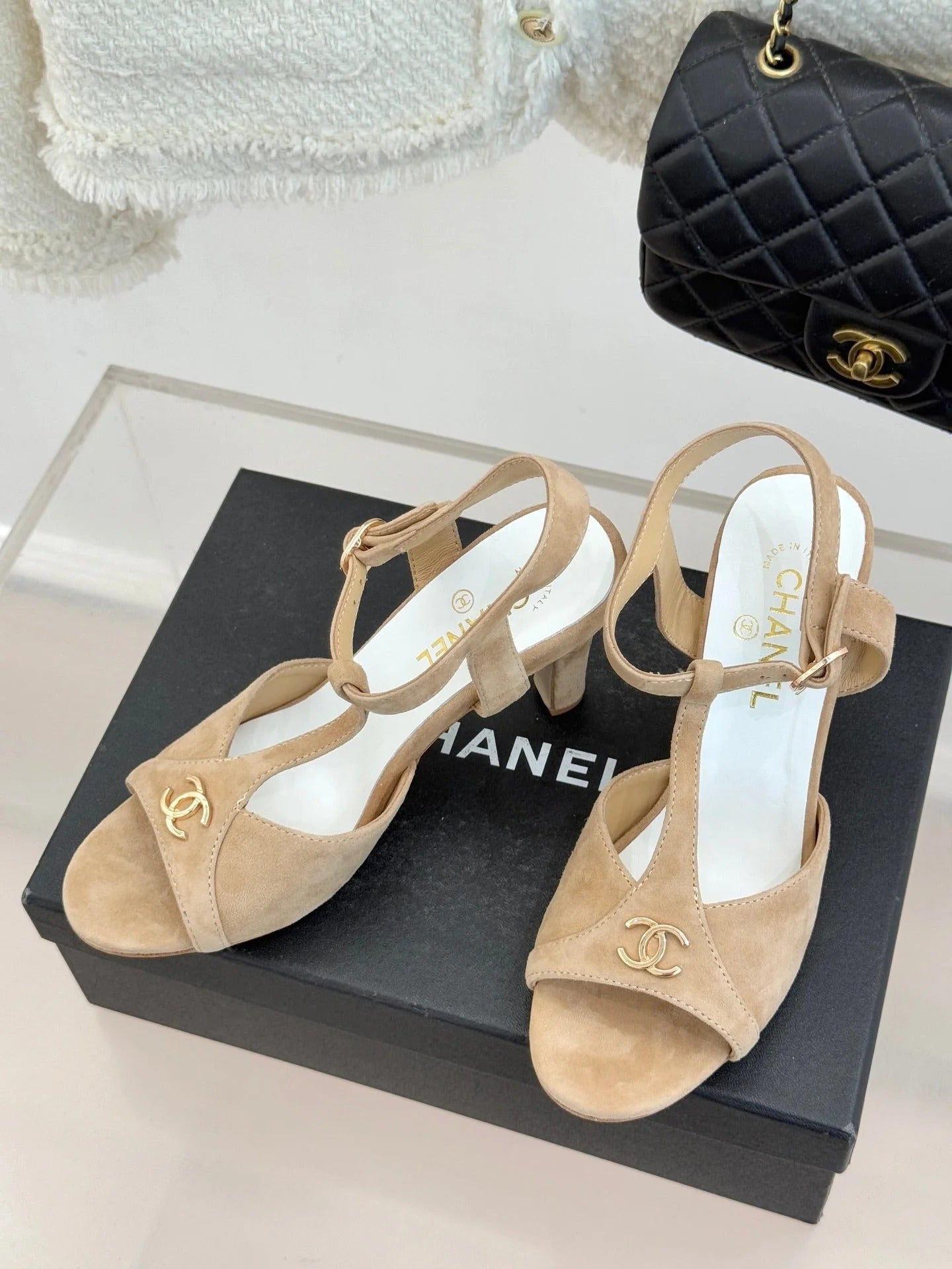 CC 2026 Peep-Toe Sandals 85 Suede Sheepskin