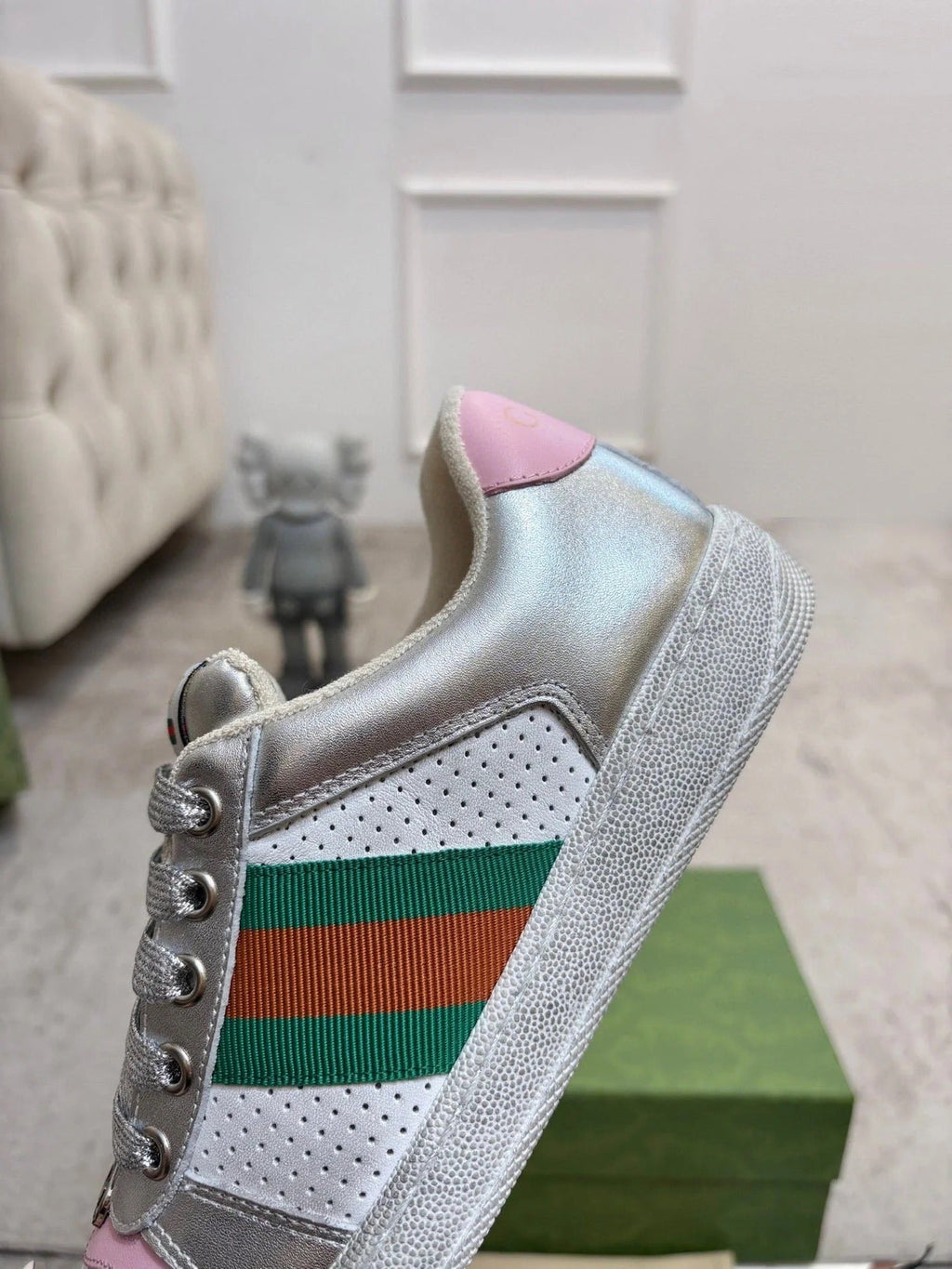 GG 26ss Screener Sneaker Sliver Pink Metallic Cowhide 697185