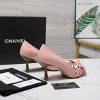 CC 2026 Bow Strappy High-Heeled Peep Toe Sandals Pink Cowhide 758433