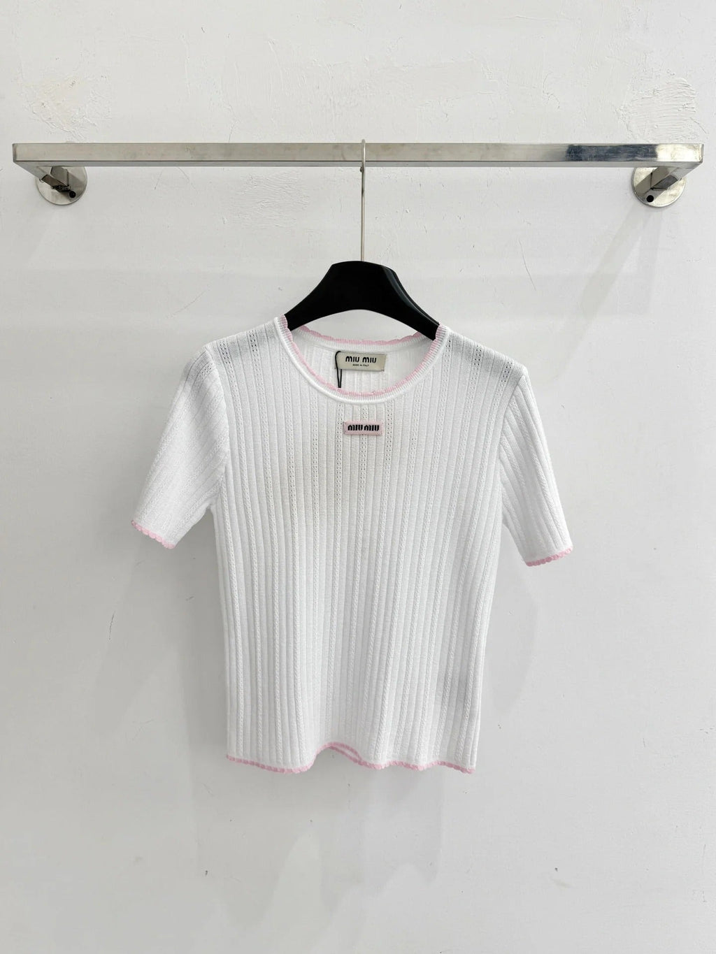 Miumiu 2026 Pink-trimmed Knit Short-sleeved Top Tencel Nylon 179459