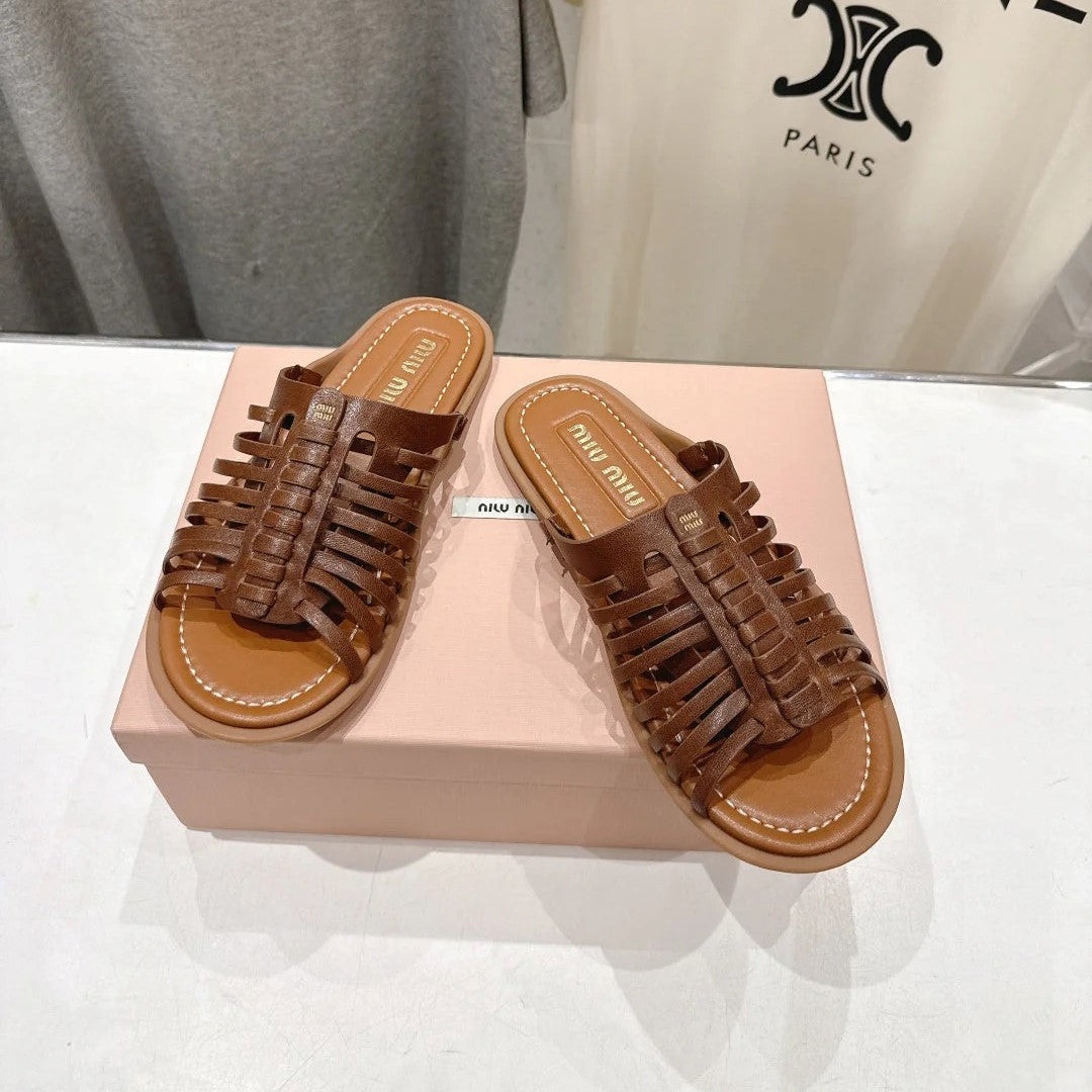 Miumiu 26ss Flat Slippers Woven Calfskin 713096