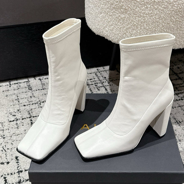 Alaia 2025 Square Toe High Heeled Ankle Boot White Calfskin 558667