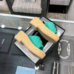 THICK SOLE WEDGE SLIPPERS IN PERSIAN GREEN LAMBSKIN AND BEIGE RUBBER