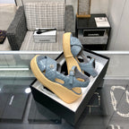 PEEP-TOE THICK SOLE SANDALS IN STONE BLUE PATENT LAMBSKIN