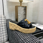 THICK SOLE WEDGE SLIPPERS IN BLACK LAMBSKIN AND BEIGE RUBBER