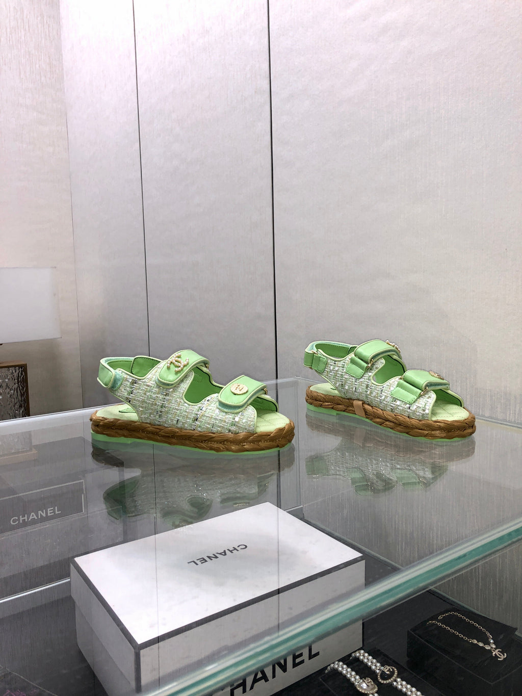 VELCRO SANDALS IN GREEN PASTEL LAMBSKIN AND TWEED FABRIC