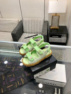 VELCRO SANDALS IN GREEN PASTEL LAMBSKIN AND TWEED FABRIC
