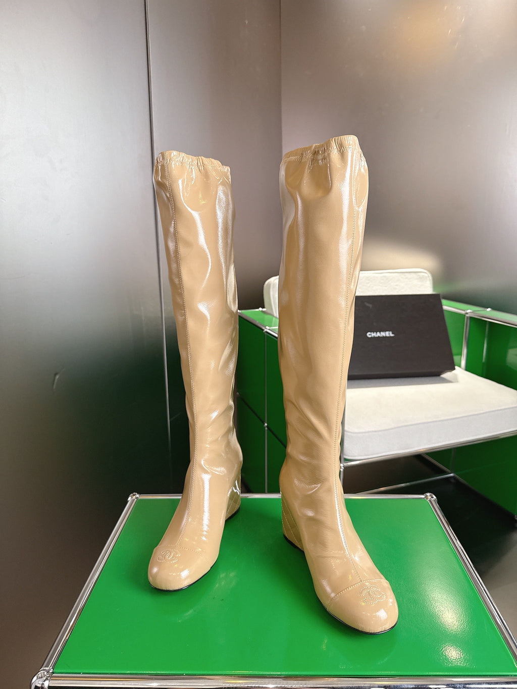 Chanel High-Top Boots Platform Heel 7cm Beige Glossy Leather 507535