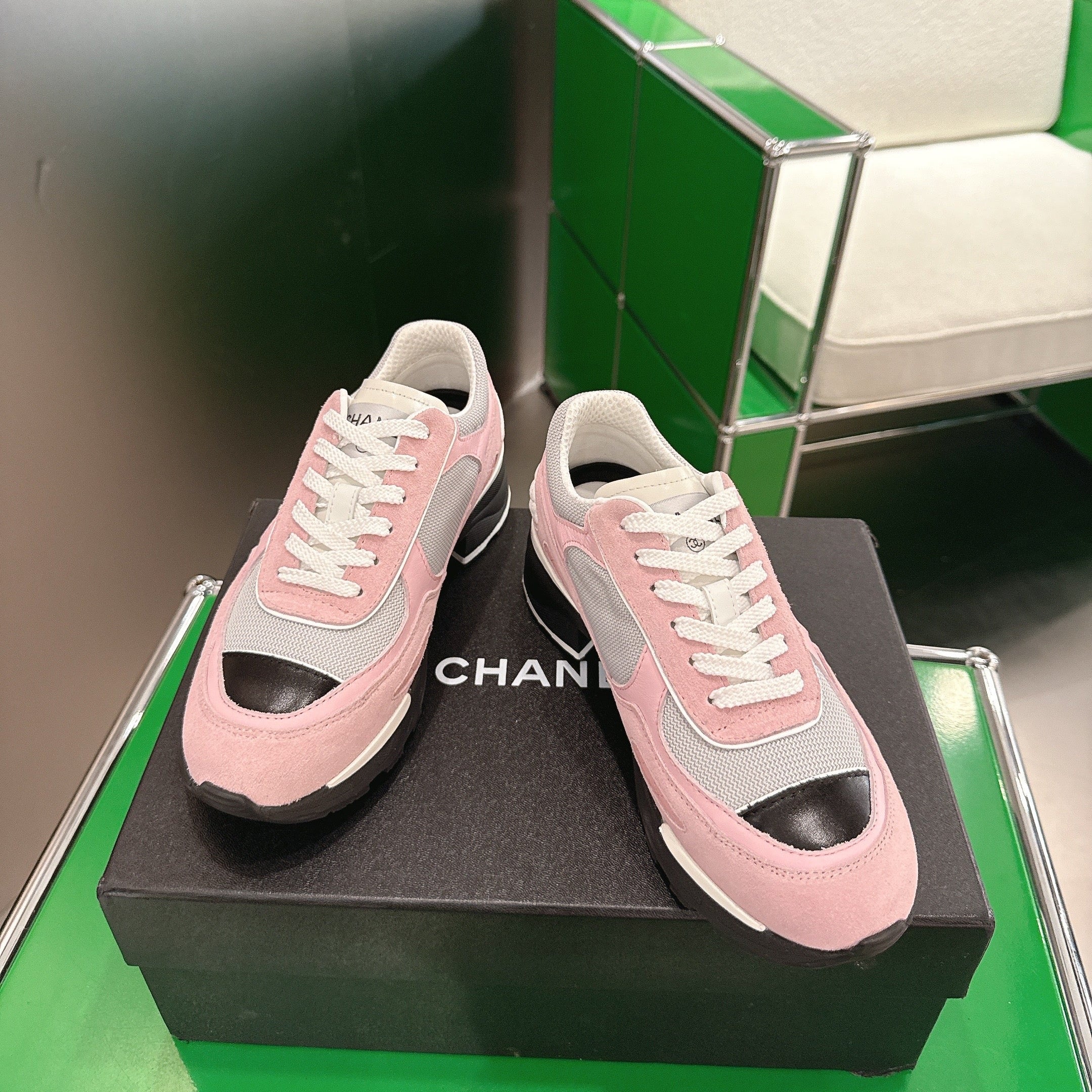 Chanel Low-Top Sneakers 30mm Pink and Grey Calfskin Leather and Mesh 507544