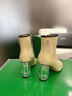 Chanel 2025???? High Heeled Ankle Boots Light Beige & Black Glossy Leather 507545