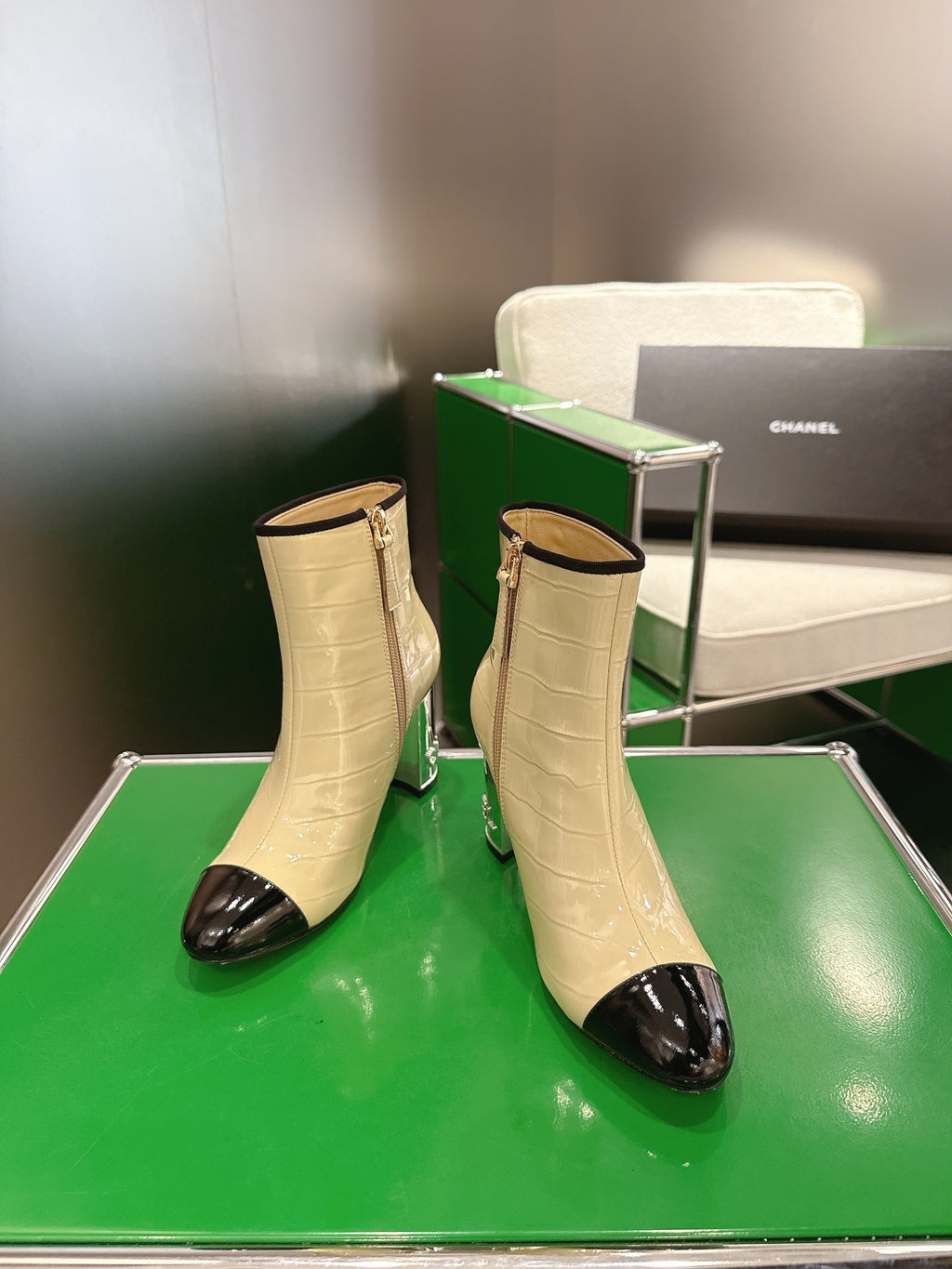 Chanel 2025???? High Heeled Ankle Boots Light Beige & Black Glossy Leather 507545