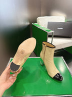 Chanel 2025???? High Heeled Ankle Boots Light Beige & Black Glossy Leather 507545