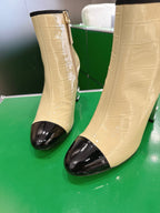 Chanel 2025???? High Heeled Ankle Boots Light Beige & Black Glossy Leather 507545