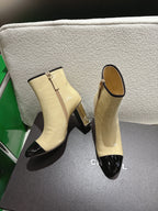 Chanel 2025???? High Heeled Ankle Boots Light Beige & Black Glossy Leather 507545