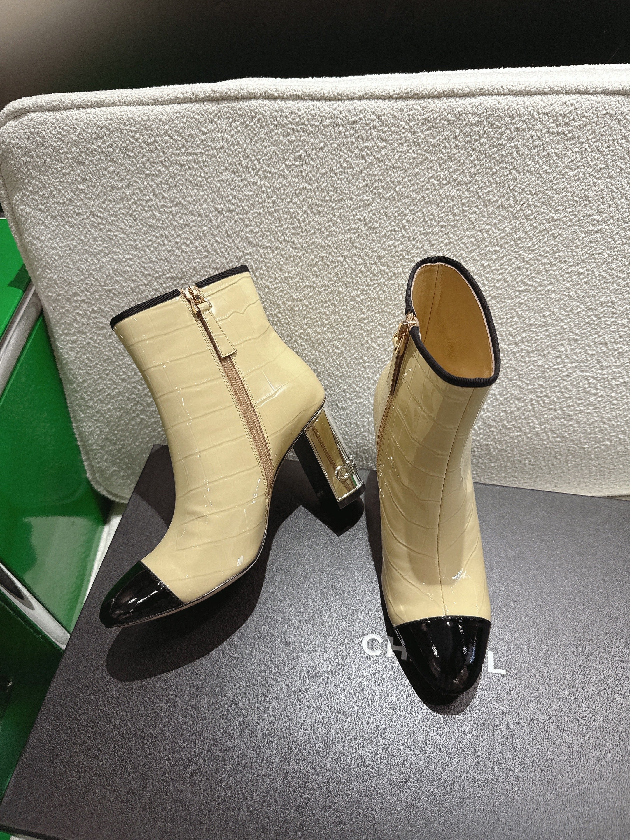 Chanel 2025???? High Heeled Ankle Boots Light Beige & Black Glossy Leather 507545